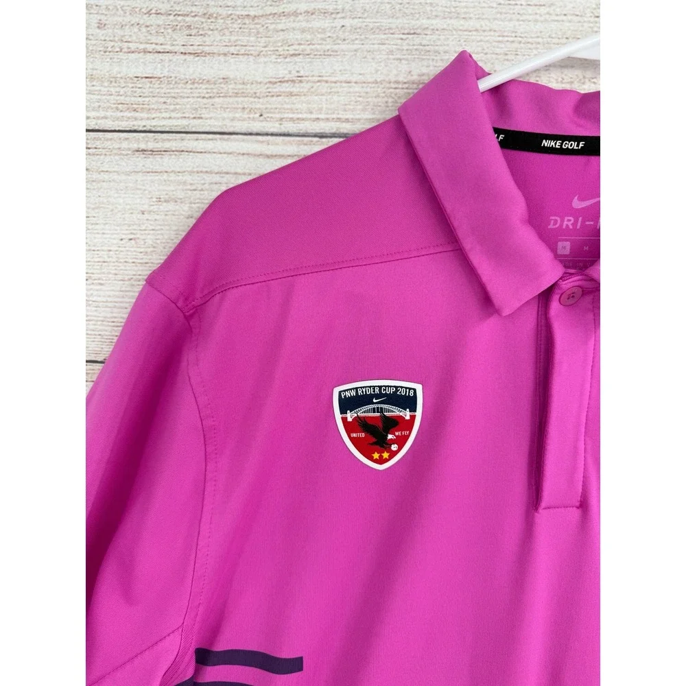 Nike Golf Polo Shirt Mens M Pink PNW Ryder Cup 2018 Dri-FIT Short Sleeve Stripe